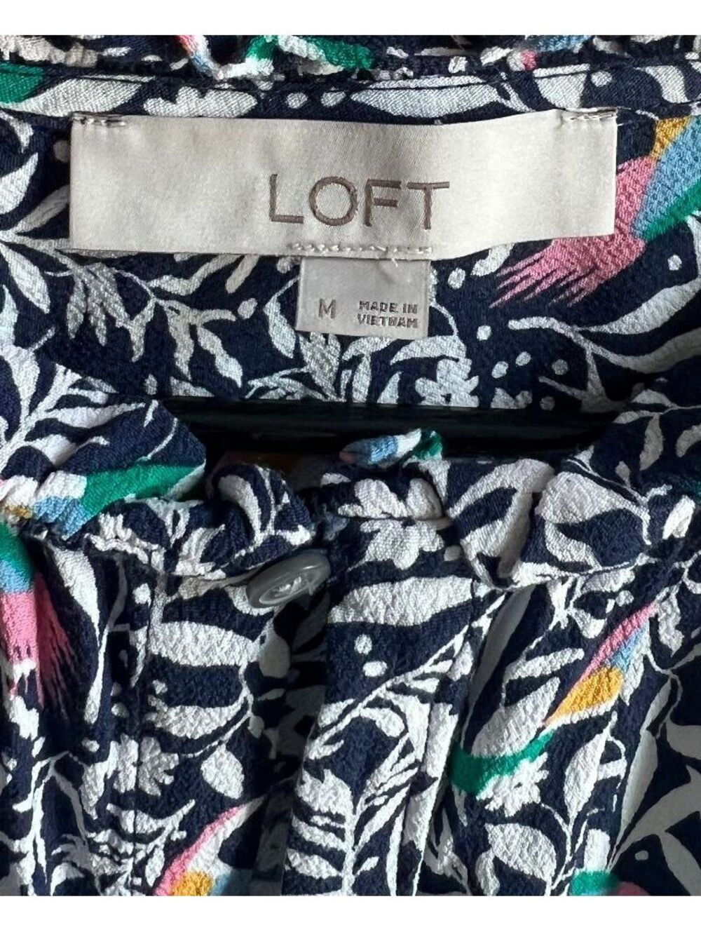 LOFT - Navy Tropical Bird Floral Ruffle Sleeveless Blouse - M - Picture 7 of 8